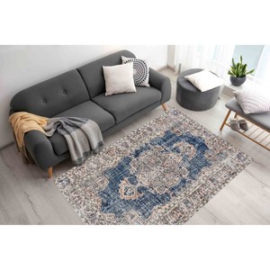 Tapis turc Oushak bleu marine : Tapis décoratif de style vintage, tapis fin non tissé - Product Image 3