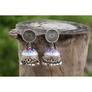 traditional handmade silver look alike brass meenakari ghungro jhumka with antique stud hoop earing for girls and women