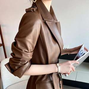 Women's Long Down Coats Waterproof Knitted PU Leather Genuine Leather Shell Stand Collar Fur Trim Polyester Fiber Filled - Product Image 3