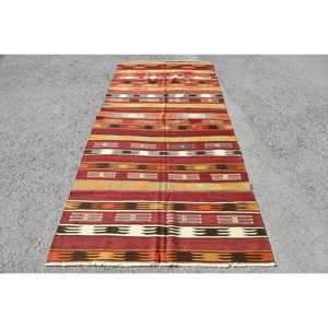 Vintage Large Rug 4.4x9.5 ft, Turkish Kilim <b>Red</b> Ikat <b>Wool</b> Rug - Product Image 1
