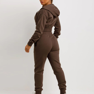 Wholesale <b>Women</b> Winter Hooded Solid Tracksuit <b>Crop</b> Top and <b>Trouser</b> Two Piece Casual Sportswear Set Custom Logo 100% Cotton - Product Image 2