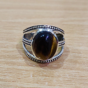 Boho <b>Tiger</b> <b>Eye</b> Men's Statement <b>Ring</b> (5.3 Grams) Natural Gemstone with Rhodium Plating Platinum Jewelry for Everyday Wear - Product Image 1