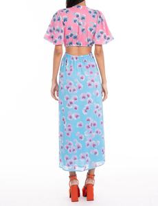 Robe trapèze coréenne élégante à imprimé floral, col en V, taille ajustée, poches latérales, en jersey 100% coton, pour l'été, offre ODM - Product Image 3