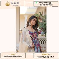 Georgette traditionnelle imprimée à fleurs avec séquence Anarkali Kurti avec pantalon et soie russe Collection Dupatta