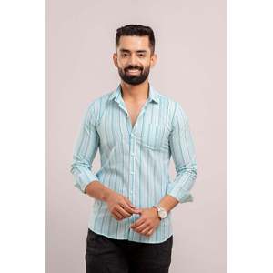 Chemise décontractée en coton à manches longues pour homme, imprimé rayé bleu turquoise, tissu popeline tissé, taille XL - pour l'automne - Product Image 4