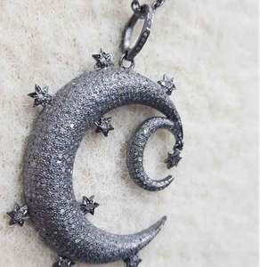 Luna estrellas colgante 925 plata esterlina Natural Pave diamante Vintage negro rodio plateado joyería 50x40MM tamaño para boda - Product Image 6