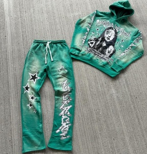 Conjunto de Sudadera con Capucha y Pantalones Acampanados con Estampado Vintage Lavado Ácido con Logotipo Personalizado, Talla Grande, Ligero, de Secado Rápido, Cortavientos, Unisex - Product Image 4