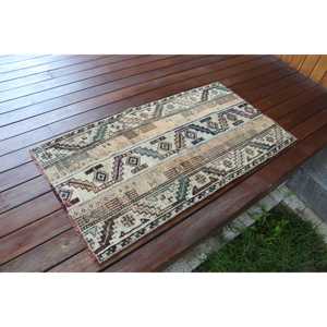 Turkish Vintage Small Rug 2x3.9 ft, <b>Brown</b> Blue Abstract <b>Wool</b> Rug - Product Image 2
