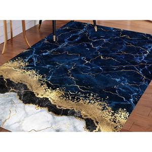 Tapis bleu marbré : imprimé abstrait avec accents dorés, entrée élégante, tapis doux non tissé - Product Image 3