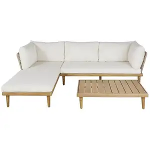 Patio giardino tempo libero Rattan vimini divano in legno Set mogano con cuscino bianco Set divano a forma di L