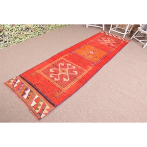 Vintage Turkish Herki Rug 2.8x10.3 ft, <b>Red</b> <b>Runner</b> Animal Print Wool Rug - Product Image 2