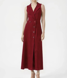 Elegante Vestido Midi Rojo Sin Mangas con Solapas en Punta y Botones al Frente, Estilo Tubo Ajustado para Oficina, Ropa de Otoño, Tela de Lino - Product Image 6
