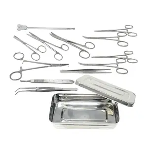 Set of 13 Pcs Basic Minor Surgery Kit Stainless Steel Surgical Instruments Forceps Scissors Needle Holder Kit