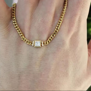 Chunky 18k or jaune chaîne cubaine collier 0.57 carats diamant princesse coupe laboratoire cultivé diamant lien chaîne collier pour femme - Product Image 1