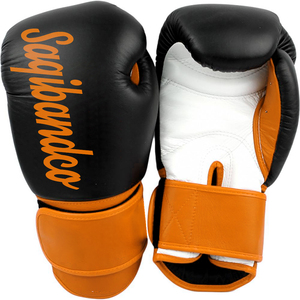 Guantes de cuero personalizados negros/naranjas Guantes de boxeo Muay Thai y guantes de kickboxing de 12oz para hombre - Product Image 1