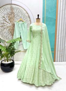Elegante vestido de fiesta amarillo Anarkali Kurti con Dupatta verde oliva - Product Image 6