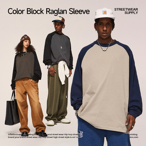 Roof Gallery Color Block Raglan Long Sleeve T Shirt 265G Cotton Jersey Plus Size Men's Streetwear Breathable O-Neck - Product Image 4