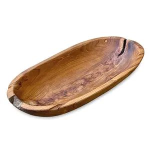 Plateau en bois sculpté de forme ovale, idéal pour les salades, les fruits, le pain, décoration artisanale durable pour la maison avec un style naturel intemporel - Product Image 1