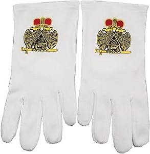 Guantes Masónicos de Algodón 100% - Grado 33 con Alas Descendentes y Logotipo de Corona Roja |   Guantes Masónicos Blancos Bordados a Máquina - Product Image 2