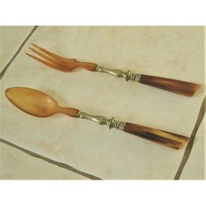 Servidor de ensalada Vintage antiguo en cuerno y servidor de ensalada de Metal plateado Utensilios de cocina Regalo de boda - Product Image 5