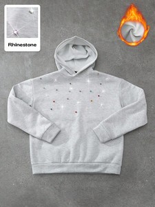 Sudadera con Capucha de Felpa Gris para Hombre, Detalles de Pedrería Multicolor, Cálida para Invierno, Estilo Urbano, Tejido Grueso de Primera Calidad - Product Image 2