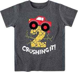 2-7 Ans Garçons Coton Anniversaire T Shirts Construction Excavator Graphic Short Sleeve Tee Shirt Dark Grey - Product Image 1