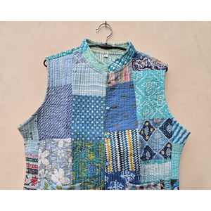 Chaqueta de algodón sin mangas Vintage hecha a mano para mujer, cómoda chaqueta acolchada de retazos de lino con estampado de otoño e invierno, prendas de vestir acogedoras con botones - Product Image 4