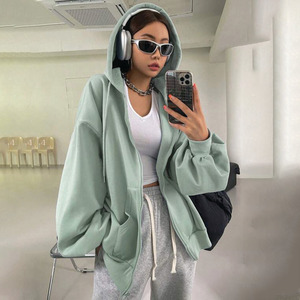 Sweat à capuche zippé surdimensionné vert menthe sweat polaire à épaules tombantes décontracté coupe ample pull zippé Streetwear veste d'hiver - Product Image 1