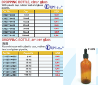 Flacon compte-gouttes rond en verre ambré UNI-Sci 50 ml avec bouchon en plastique, embout en caoutchouc et pipette en verre pour usage en laboratoire