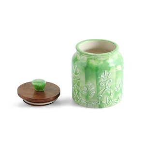 Green Keepers Multi-Utility Storage <b>Jars</b> & Containers In Ceramic With Wooden Lid Set of 2 Hand-Embossed <b>Airtight</b> - Product Image 5