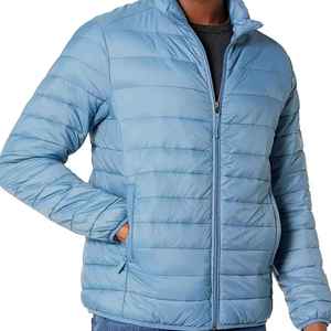 Doudoune bleue longue et légère pour hommes | Veste matelassée à col montant imperméable et coupe-vent d'hiver avec logo sur le devant Poches zippées - Product Image 5