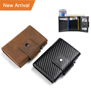 Cartera de cuero genuino para hombre, monedero corto de cuero de vaca Vintage para hombre con tarjetero de aluminio emergente, ranura para <span class=keywords><strong>Airtag</strong></span> - Product Image 1