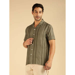 Amanush Olive Green Nylon Striped <b>Men's</b> Casual Short Sleeve Shirt Turn-down Collar Woven Herringbone Summer Style <b>Mens</b> Shirts - Product Image 3