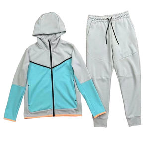 Veste à capuche en coton coupe ajustée de style High Street pour hommes, sweat à capuche zippé, pantalon de survêtement, ensemble 2 pièces, patchwork, couleur contrastée, solide - Product Image 2