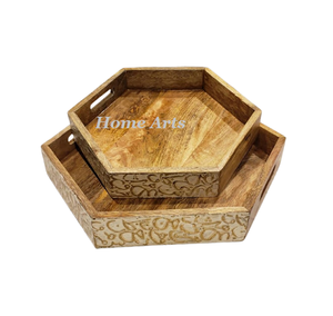 Plateau de service alimentaire en bois au design fabuleux avec un motif islamique, lot de 2 tailles différentes, plateau de service pour desserts - Product Image 5