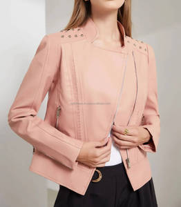 <b>Pink</b> Leather Women's <b>Jackets</b> Slim Fit Moto Style Studded Shoulders Asymmetrical Zip Biker Outerwear with Zipper Pockets - Product Image 4
