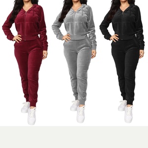 Nouvelle mode : Ensemble de survêtement 2 pièces en velours pour femme, comprenant un crop top à capuche et un pantalon de jogging, personnalisable, vente en gros - Product Image 2