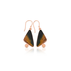 Boucles d'oreilles pendantes en pierre précieuse jaspe Malinga, fabrication artisanale, sertissage en bélière, plaqué or rose, tendance pour les mariages, les demoiselles d'honneur - Product Image 1