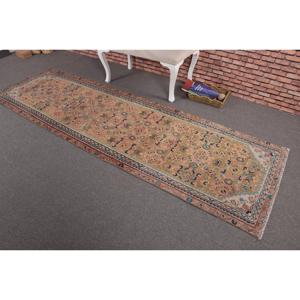 Turkish Vintage Runner Rug 2.8x9.2 ft, <b>Brown</b> Blue Plants & trees <b>Wool</b> Rug - Product Image 2