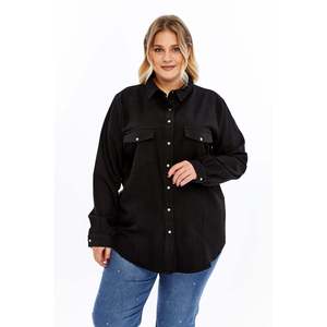 Camisa de Botones RMG para Mujer, Talla Grande, Mezcla de Tencel Negra, Blusa Informal de Corte Holgado y Cómodo - Product Image 1