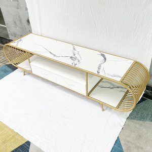 Modern Two-tier TV Stand with Stone Top and Bronze Frame KTV68082 for Living Room or Farmhouse TV <b>Table</b> with Drawer Storage - Product Image 5