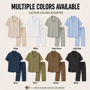 Completo da <span class=keywords><strong>Uomo</strong></span> in <span class=keywords><strong>Lino</strong></span> con Colletto Cubano: <span class=keywords><strong>Camicia</strong></span> e Pantaloni Vestibilità Rilassata, Outfit Estivo da Resort, Personalizzabile per Ingrosso - Product Image 4