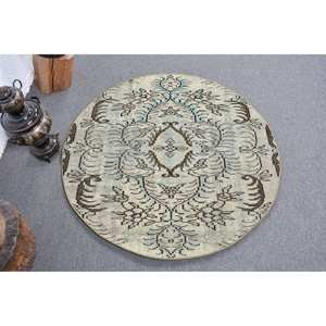 พรมขนสัตว์สีเบจสีน้ำตาลแบบคลาสสิก3.8ft 3.8 x แนววินเทจแบบตุรกีสำหรับห้องนั่งเล่นพร้อมแผ่นรองยางสำหรับข้างเตียงวัยรุ่น - Product Image 1