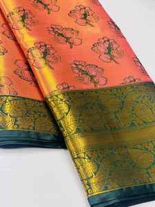 Tissu en soie Kanjivaram pur, tissage lourd Mina, sari pour femmes, or doux, zari riche, pallu tissé, fabriqué en Inde - Product Image 5