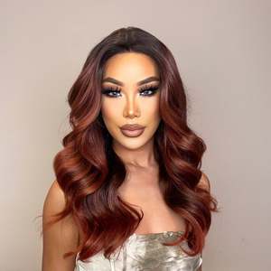 DWY T Long Curly Synthetic <b>Wig</b> with Loose Wave Style Natural Honey <b>Brown</b> with Blonde Highlight Lace Front and Transparent Lace - Product Image 2