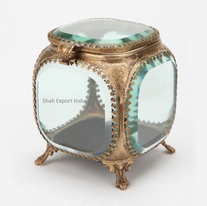 Boîte à bijoux en verre Royal Look, cadre en laiton doré antique, boîte de rangement et de présentation, boîte à bijoux en verre biseauté pour bagues, boucles d'oreilles, colliers - Product Image 1