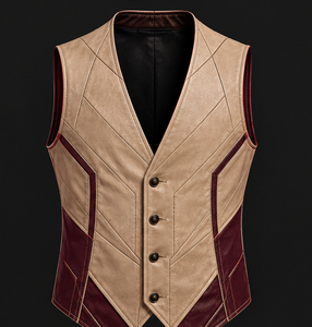 เสื้อกั๊กหนังผู้ชายคอวีสีตัดต่อพร้อมกระดุมปิด - Product Image 1