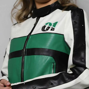 เสื้อแจ็คเก็ตมอเตอร์ไซค์สำหรับผู้หญิงคุณภาพสูง ผลิตตามสั่ง ทำจากหนังแท้ คอตั้ง บุด้วยผ้าฝ้าย พร้อมปักลาย - Product Image 2