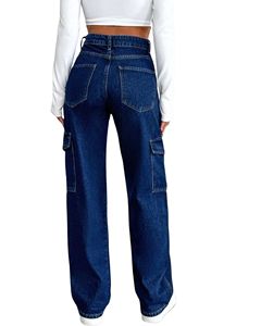 Pantalones Vaqueros Cargo de Pierna Recta Azul Oscuro para Mujer, Pantalones de Mezclilla de Cintura Alta con Bolsillos Utilitarios, Ropa Casual de Calle, Suministro del Fabricante, OEM - Product Image 2
