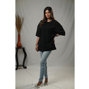 T-shirts pour femmes en polyester/coton, couleur unie, été, design personnalisé, décontracté, grande taille, élégant, noir - Product Image 1